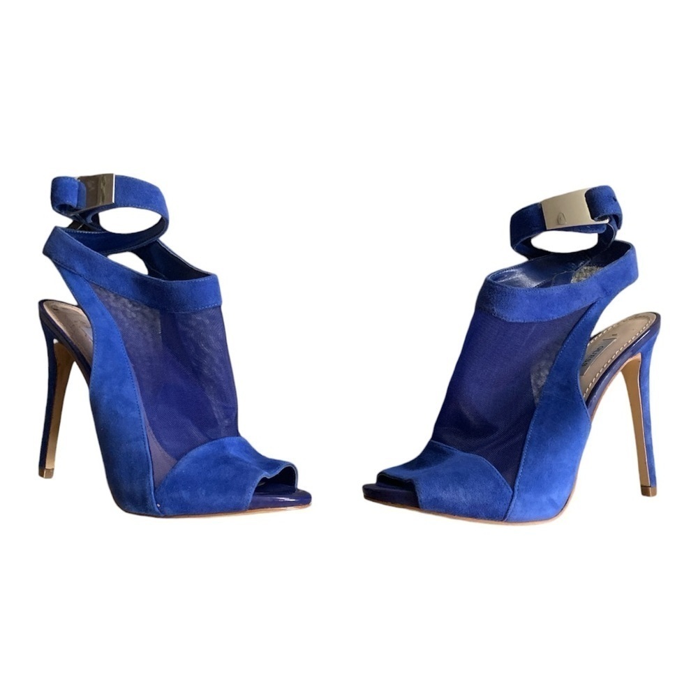 Guess Blue suede high heels ankle strap stilettos with mesh design metal buckle